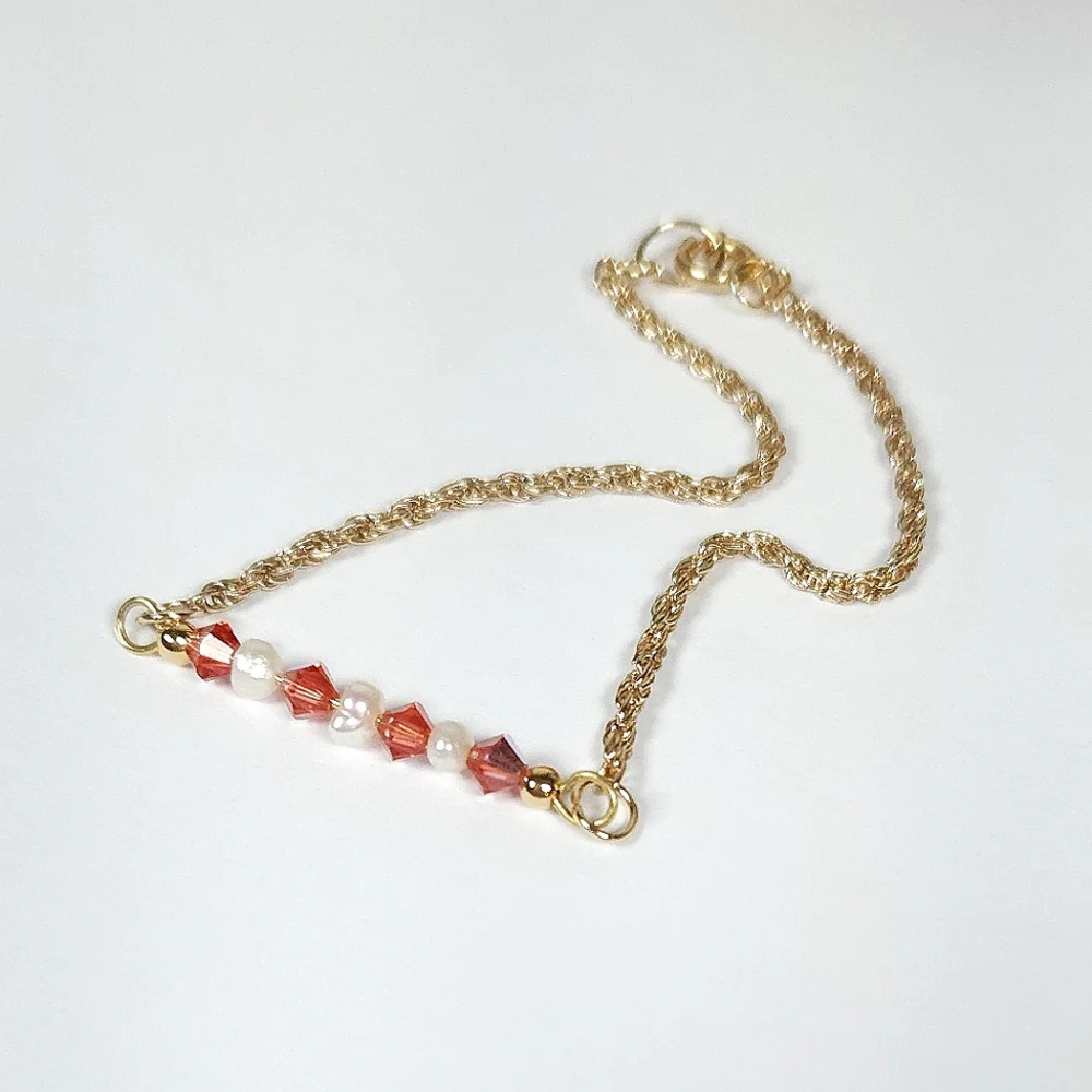 Handmade White Pearl & Pink Peach AB Crystal Bar Gold Bracelet Rope Twist Chain